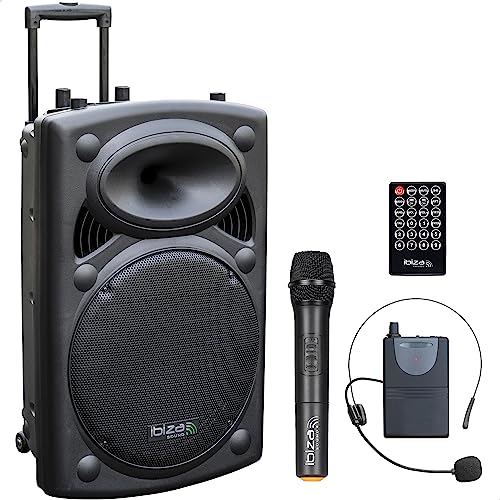 Ibiza - PORT15UHF-BT - Tragbares Lautsprechersystem 15"/800W MAX mit 2 Mikrofonen (UHF), Fernbedienung und Schutztasche - Bluetooth, USB, SD & TWS - 6 bis 8 Std. Betriebsdauer - Speaker Box von Ibiza