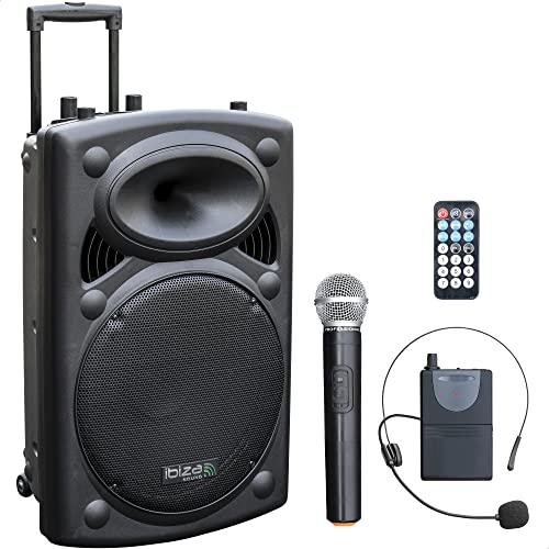Ibiza - PORT15VHF-BT - Tragbarer Lautsprecher 15"/800W MAX mit 2 Mikrofonen (VHF), Fernbedienung und Schutzhülle - Bluetooth, USB, SD - 6 bis 8 Std. Betriebsdauer von Ibiza