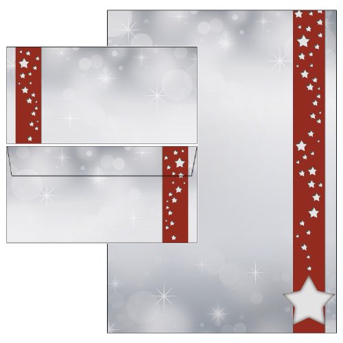 Weihnachten Sterne im roten Banner Set 200-teilig 100 Blatt Briefpapier + 100 Stück Briefumschläge DIN lang ohne Fenster 5523+6523 von Ideenstadl