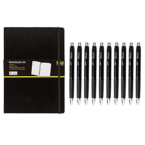 Idena 10053 & 10130956 - Notizbuch, A4, blanko, Papier Cremefarben, 96 Blatt, 80 g/m², Hardcover in Schwarz und Kugelschreiber mit Druckmechanik, 10 Stück Schwarz von Idena