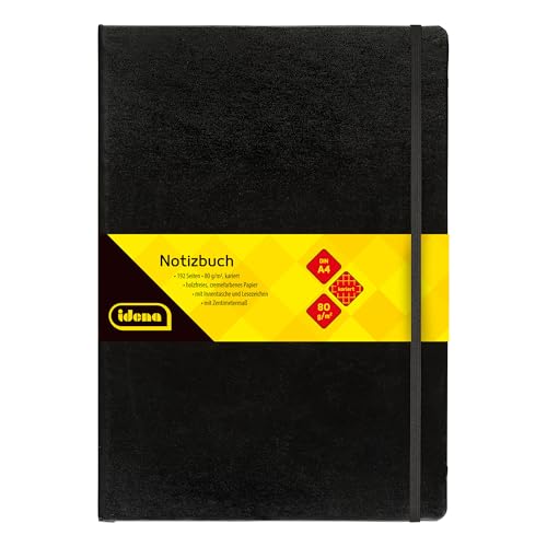 Idena 209280 - Notizbuch DIN A4, kariert, Papier cremefarben, 192 Seiten, 80 g/m², Hardcover in schwarz, 1 Stück von Idena