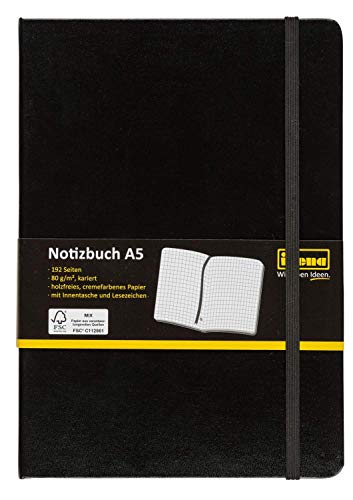 Idena 209281 - Notizbuch DIN A5, kariert, Papier cremefarben, 192 Seiten, 80 g/m², Hardcover in schwarz, 1 Stück von Idena