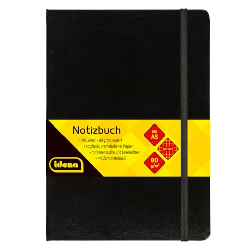 Idena 209281 - Notizbuch DIN A5, kariert, Papier cremefarben, 192 Seiten, 80 g/m², Hardcover in schwarz, 1 Stück von Idena