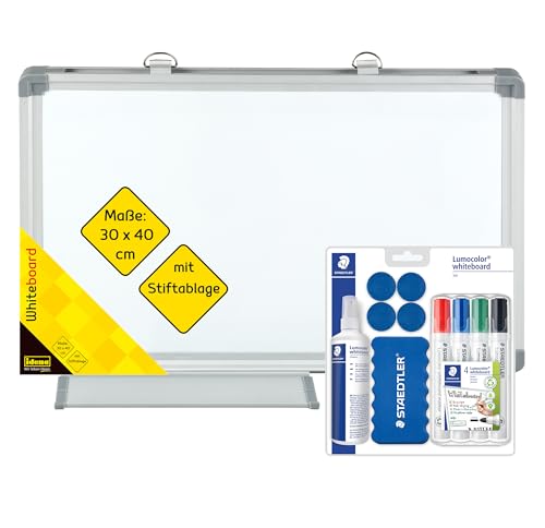 Idena 90884 - Whiteboard mit Stiftablage, ca. 40 x 30 cm, inkl. 4 STAEDTLER Whiteboard-Marker Lumocolor, Wischer, 250 ml Reinigungsspray & 4 Magnete von Idena