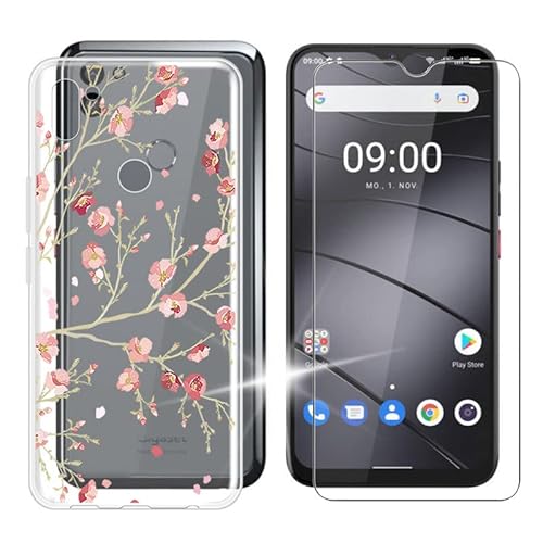 Ikiiqii Hülle für Gigaset GS5 Lite (6.30") Schutzhülle Transparent Bumper Cover Sanft Silikon TPU Schale Case Handyhülle + Gehärtetes Glass schutzfolie Temperierte Folie -Rosa Pfirsichblüte von Ikiiqii