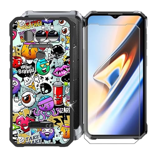 Ikiiqii Hülle für Oukitel WP38 (6.52") Schutzhülle Black Bumper Cover Sanft Silikon TPU Schale Case Handyhülle + Gehärtetes Glass schutzfolie Temperierte Folie - Verschiedene Kritzeleien von Ikiiqii