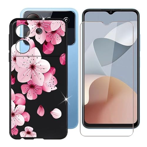 Ikiiqii für ZTE Blade A54 (6.60") Handyhülle + Gehärtetes Glas, Hülle rutschfeste Stoßfest Sturzsichere Schutzhülle Weich Silikon Case - Rosa Blumen von Ikiiqii