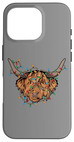 Hülle für iPhone 16 Pro Weihnachtsbeleuchtung Higland Cow Fluffy Scottish Cow Lover von InGENIUS Weihnachtsshirts & Geschenke