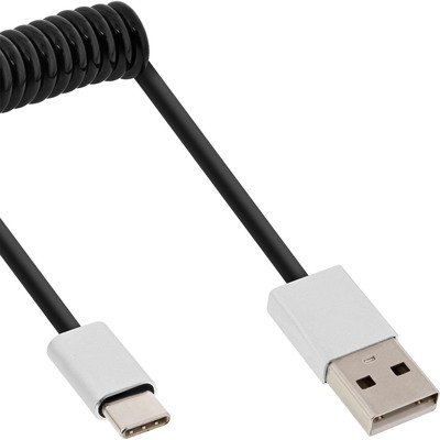 InLine® USB 2.0 Spiralkabel, USB-C ST an A ST, schwarz/Alu, flexibel, 2m von InLine®