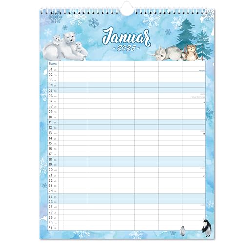 Familienplaner 2025 - Familienkalender 2025 6 Spalten, Kalendar 2025 familienplaner Januar 2025 - Dezember 2025, Aquarelliertes Tiermotiv, 33cm×44cm,Geeignet für Haus, Büro und Schule von Indeme