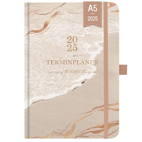 Terminplaner 2025 - Terminkalender 2025 von Januar 2025 bis Dezember 2025, Wochenplaner A5 mit Innentasche, Elastischer Verschluss, Kalender 2025 Buchkalender, 21.3 x 14.7cm - Golden von Indeme