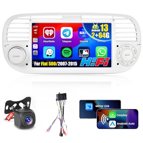 Inefala 2 + 64GB Android Autoradio für FIAT 500 2007-2015, 7 Zoll Touchscreen CarPlay 2 Din Autoradio mit Android Auto, Mirror Link, WiFi, GPS, RDS FM, AHD Rückfahrkamera (Weiß) von Inefala