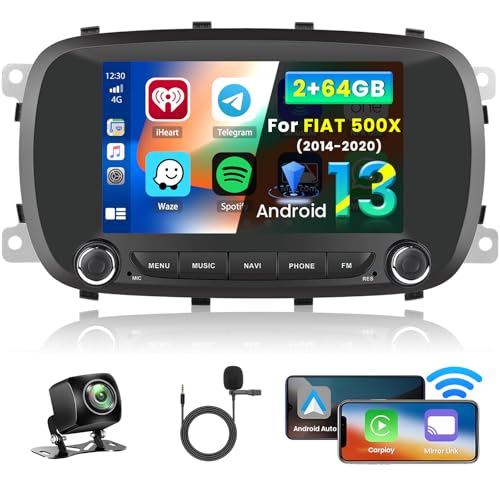 Inefala 7 Zoll Android 13 Autoradio für FIAT 500X 2014-2020 2 DIN Bildschirm (2+64GB) mit Wireless CarPlay Android Auto FM RDS GPS Bluetooth Lenkrad Steuerungen Rückfahrkamera von Inefala