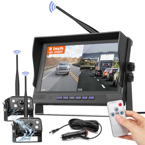 Inefala Digital Kabellos Rückfahrkamera Set, 9 Zoll IPS Monitor und 2 Drahtlose Rückfahrkameras, Funk Rückfahrkamera mit IP68 Wasserdicht, Nachtsicht für LKW Bus Van SUV (DC 12-24V) von Inefala