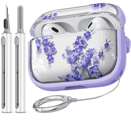 Schutzhülle mit Sicherheitsschloss für Galaxy Buds Pro 3 / Galaxy Buds 3, mit Reinigungsset und Schlüsselanhänger, niedliches Kawaii-Blumenmuster, für Damen, Mädchen, als Handyständer, lila Blume von Inesore