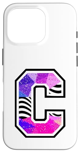 Varsity Buchstabe C Zebra Druck Schwarz Weiß Pink Lila Hülle für iPhone 16 Pro von Initial Monograms mit Zebra Streifen Muster