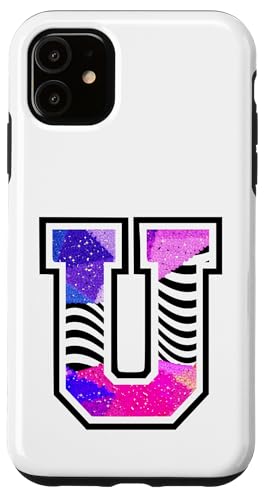 Varsity Buchstabe U Zebra Druck Schwarz Weiß Pink Lila Hülle für iPhone 11 von Initial Monograms mit Zebra Streifen Muster