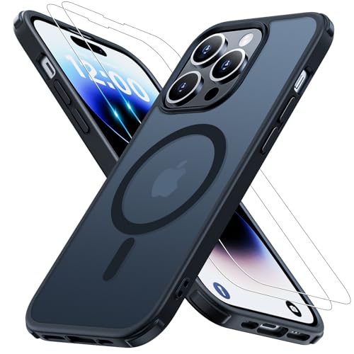 Iokmax Magnetische Schutzhülle für iPhone 14 Pro [kompatibel mit MagSafe] mit 2 x Displayschutzfolien, militärische Qualität, schlanke, stoßfeste Handyhülle, durchscheinend, matt, Anti-Fingerabdruck, von Iokmax