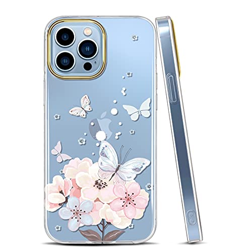 JAHOLAN Handyhülle iPhone 13 Pro Hülle TPU Silikon Weiche Schlank Schutzhülle Handytasche Flexibel Clear Case Handy Hülle für iPhone 13 Pro 5G 2021 6.1 Zoll - Butterfly Flower Pink von JAHOLAN