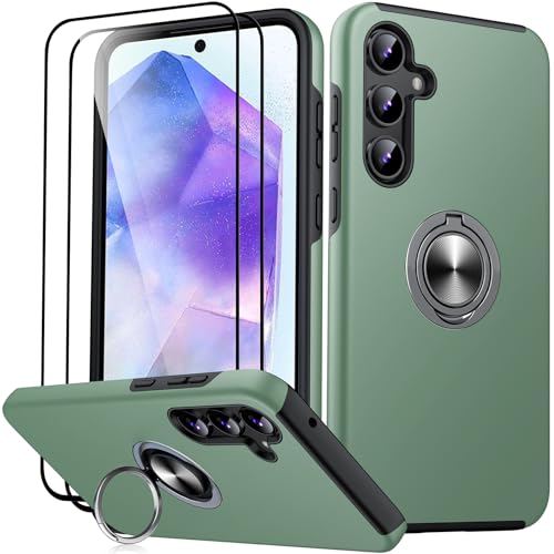 JAME für Samsung Galaxy A55 5G Hülle mit 2 Stück Panzerglas, Militärschutz Stoßfester Schutz Samsung A55 5G Hülle mit 360° Magnetischer Ring Kickstand Handyhülle für Samsung A55, Alpengrün von JAME