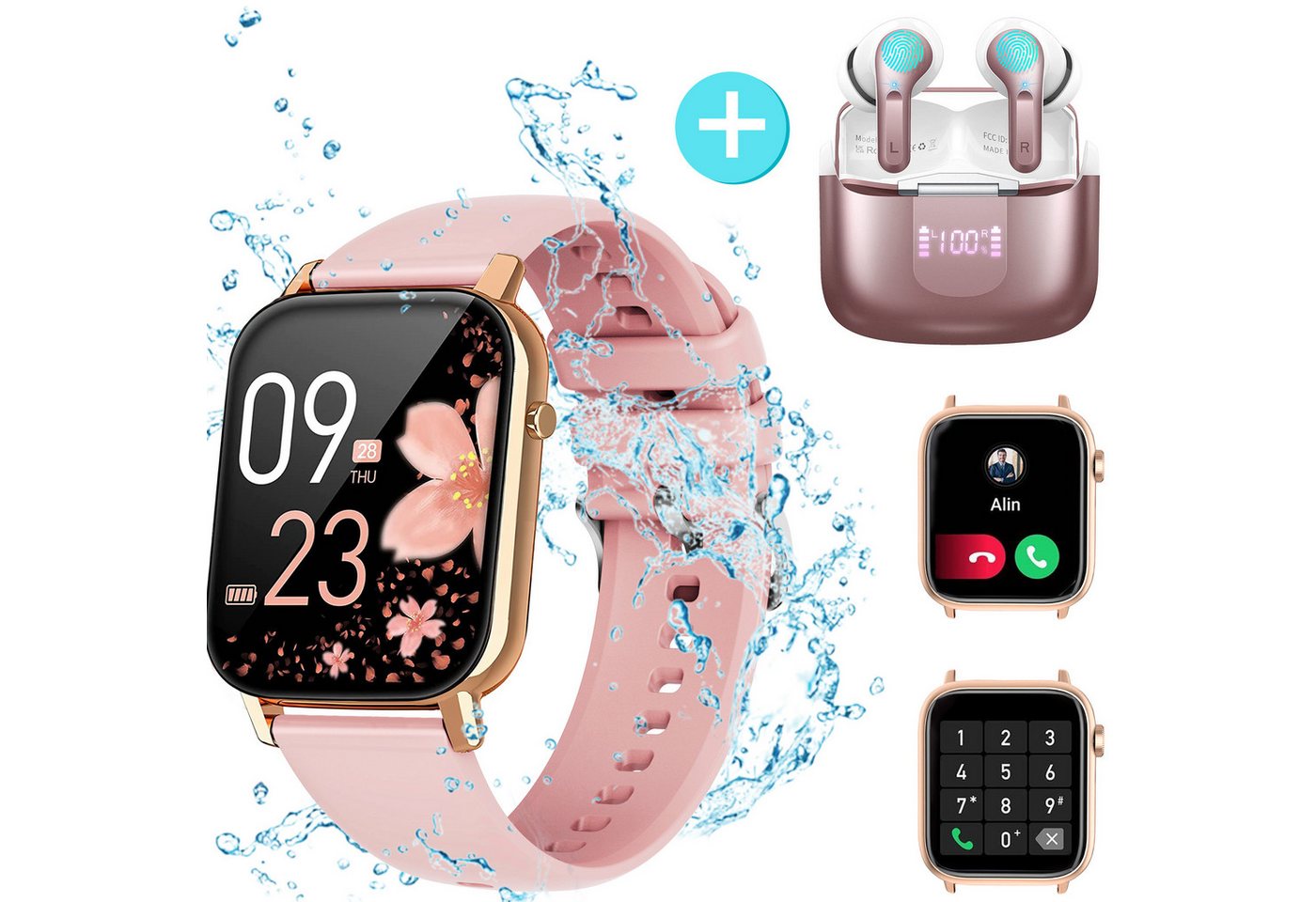 JANOLTY Smartwatch Damen Herren & Bluetooth Kopfhörer, Kopfhörer Combo Smartwatch Fitness Tracker Uhr für Damen Herren Smartwatch (1,85" HD Voll Touchscreen Zoll) IP67 Wasserdicht Fitness Uhr, Uhren Watch für Android IOS, Pulsmesser Schrittzähler Schlafmonitor Aktivitätstracker, Pulsmesser Schrittzähler Schlafmonitor Aktivitätstracker von JANOLTY