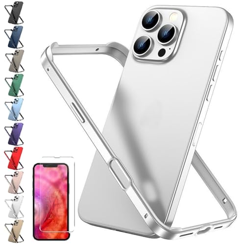 JASUBAI Neuer Aluminiumrahmen, Metall-Stoßfängerrahmen, schlanke Hartschalenhülle für das iPhone 16 Pro Max mit Displayschutzfolie aus gehärtetem Glas, Slim Fit, 4 erhöhte Ecken (for iPhone16,Silver) von JASUBAI