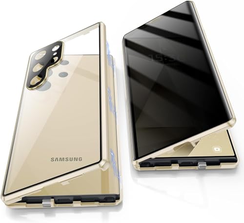 JAlanlan Hülle für Samsung Galaxy S24 Ultra Anti Peeping Handyhülle,360 Grad hülle,Privatsphäre gehärtetes Glas hülle, starke magnetische Adsorption Metall Rahmen+Kamera Schutz，Gold von JAlanlan