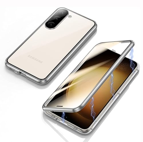 JAlanlan Hülle für Samsung Galaxy S23 Magnetische Befestigung 360° stoßabsorbierende doppelseitige gehärtetes Glas Telefon Fall mit Kamera-Objektiv Schutz + Metallrahmen Fall，silbrig von JAlanlan