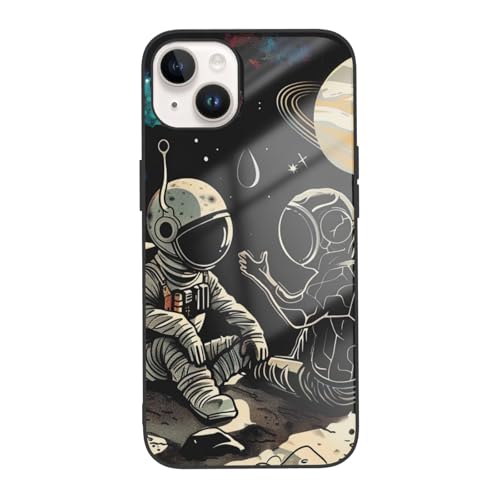 JCVOTREL Astronaut und Alien bedruckte Handyhülle für iPhone 14 Plus, 6,7 Zoll, stoßfeste Schutzhülle aus gehärtetem Glas, Anti-Fingerabdruck, vergilbt nicht, Weiß von JCVOTREL