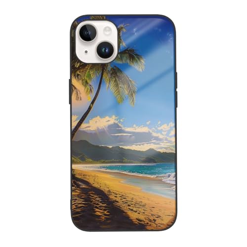 JCVOTREL Hawaii Beach bedruckte Handyhülle für iPhone 14 Plus, 6,7 Zoll, stoßfeste Schutzhülle aus gehärtetem Glas, Anti-Fingerabdruck, vergilbt nicht, Weiß von JCVOTREL