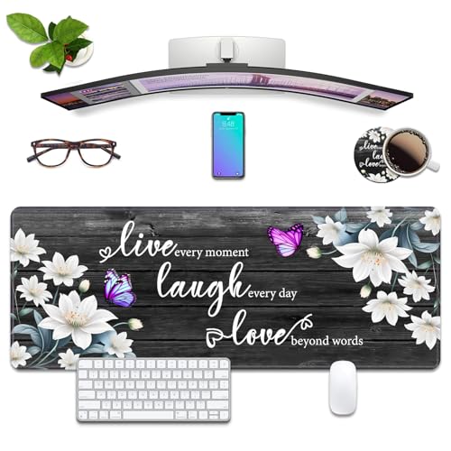 Schreibtischunterlage mit Blumenzitat "Live Laugh Love", Gaming-Mauspad mit Untersetzern, XL, großes erweitertes Mauspad, Schreibtischdekoration, Schreibmatte, genähte Kanten, rutschfeste von JDHJFBFJNP