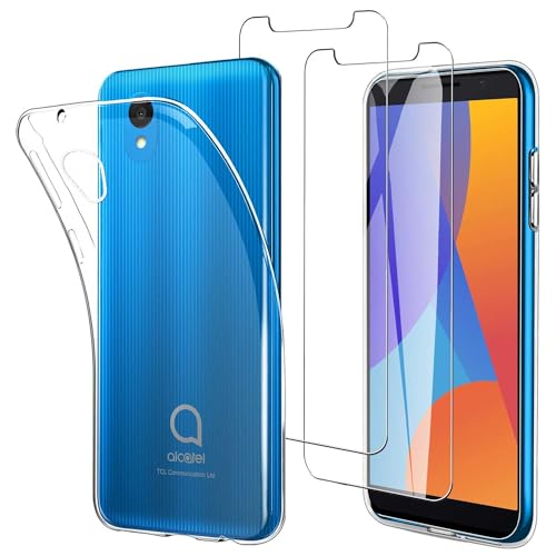 JDXHFF Hülle Kompatibel mit Alcatel 1 2021 / Alcatel 1 2019 (5.0") und 2 Stück Schutzglas Gehärteter Film Displayschutzfolie - Transparent Weich Silikon Schutzhülle Flexibel TPU Tasche Case Clear von JDXHFF