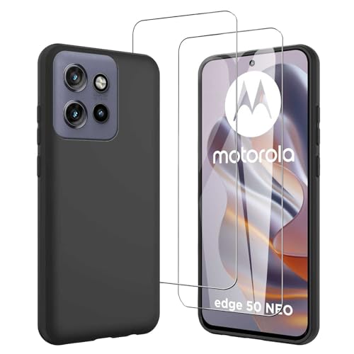 JDXHFF Hülle Kompatibel mit Motorola Edge 50 Neo (6.4") und 2 Stück Schutzglas Gehärteter Film Displayschutzfolie - Schwarz Weich Silikon Schutzhülle Flexibel TPU Tasche Case Black von JDXHFF