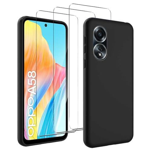 JDXHFF Hülle Kompatibel mit Oppo A58 4G (6.72") Schwarz und 3 Stück Panzerglas Displayschutzfolie - Schutzhülle Weich Silikon Flexibel TPU Tasche Case Black von JDXHFF