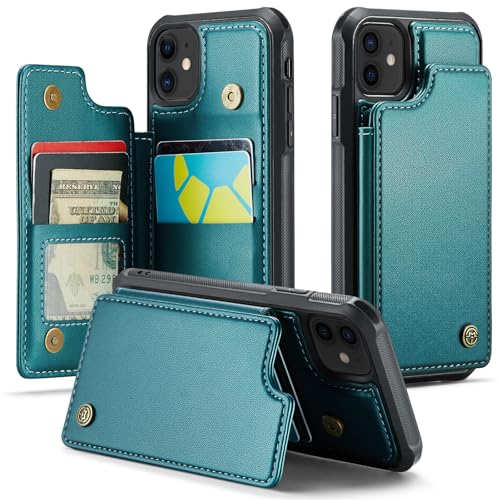 JEEHOOD Kompatibel mit iPhone 11, Brieftaschen-Schutzhülle mit Kartenhalter, RFID-Blockierung, für Damen und Herren, doppelter Magnetverschluss, Ständer, stoßfest, passend für iPhone 11, Blaugrün von JEEHOOD