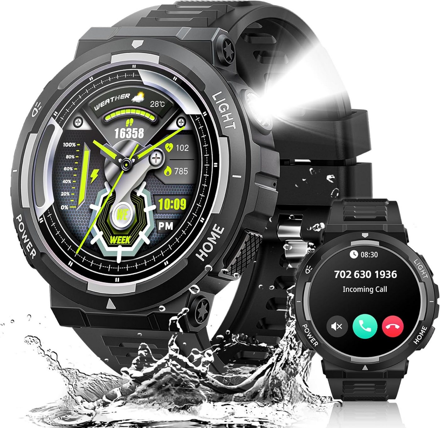 JELLOO Herren's 3ATM Wasserdicht Militär Fitness-Tracker Smartwatch (1,53 Zoll, Android/iOS), mit LED-Taschenlampe 101+ Sportmodi Schlafmonitor Schrittzähler von JELLOO