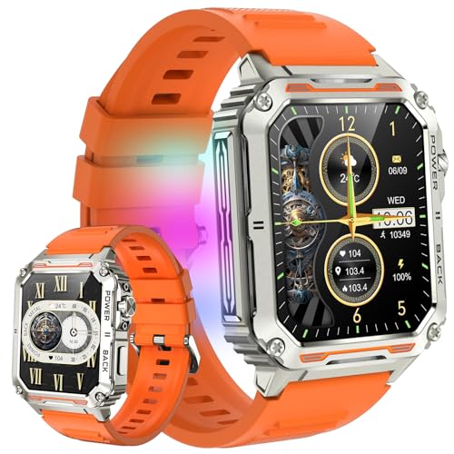 JELLOO Smartwatch für Herren, 1,91 Zoll, Bunte LED-Taschenlampe, robuste Militär-Smartwatch (Annehmen/Anrufen tätigen), Fitness-Tracker mit Herzfrequenz-Schlafmonitor, kompatibel für Android und iOS von JELLOO