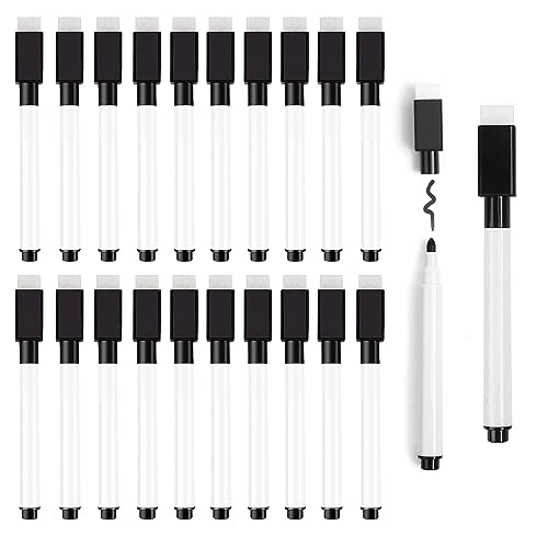 JETOP 20 Stück Whiteboard Marker Magnetisch, Whiteboard Marker Schwarz mit Radierer, Folienstift Abwischbar für Büro, Schule, Zuhause,3 in 1 Whiteboard Stifte (11.3 x 1 cm) von JETOP