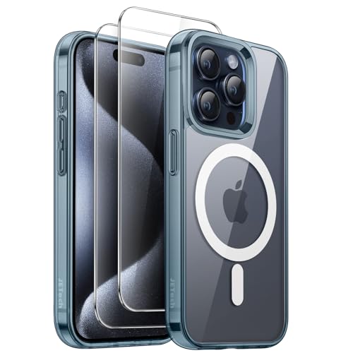 JETech 3 in 1 Magnetische Hülle für iPhone 15 Pro 6,1 Zoll mit 2 Stück Gehärtetes Glas Schutzfolie, Kompatibel mit MagSafe, Stoßfest Stoßfänger Handyhülle (Titan Blau) von JETech