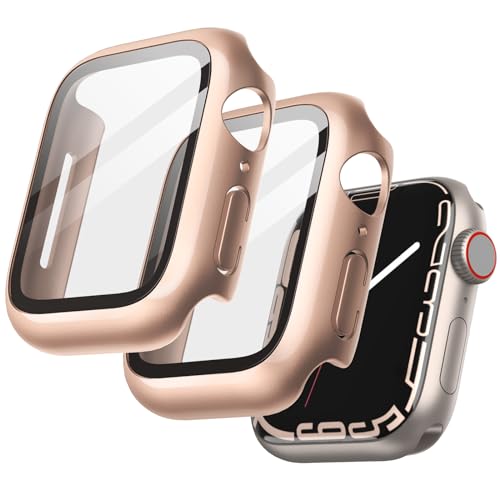 JETech Hülle mit Displayschutz Kompatibel mit Apple Watch Series 9 8 7 45 mm, Gesamt Schutzhülle, Eingebaut Gehärtetes Glas Schutzfolie Hoch Empfindlichkeit, 2 Stück (Gold) von JETech
