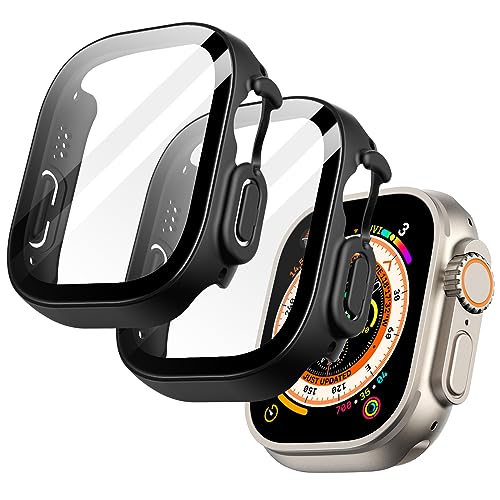 JETech Hülle mit Displayschutz Kompatibel mit Apple Watch Ultra 2/1 49mm, Gesamt Schutzhülle, Eingebaut Gehärtetes Glas Schutzfolie Hoch Empfindlichkeit, 2 Stück (Schwarz) von JETech