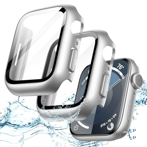 JETech Wasserdichte Hülle mit Schutzfolie für Apple Watch Series 9 8 7 41mm, Eingebautes Gehärtetes Glas Displayschutz Hart PC Stoßstange Vollständig Schutzhülle, 2 Stück (Silber) von JETech