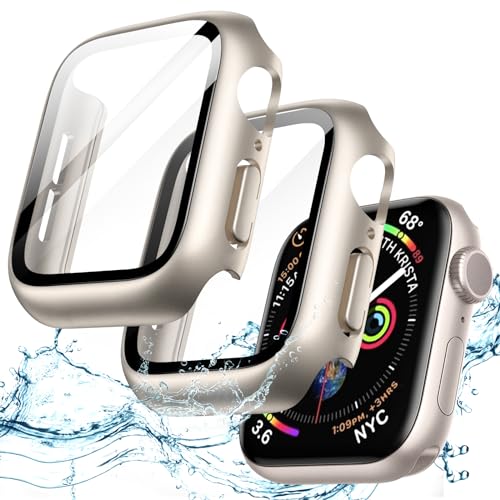 JETech Wasserdichte Hülle mit Schutzfolie für Apple Watch SE (2022/2020) / Series 6 5 4 44mm, Eingebautes Gehärtetes Glas Displayschutz Hart PC Vollständig Schutzhülle, 2 Stück (Polarstern) von JETech