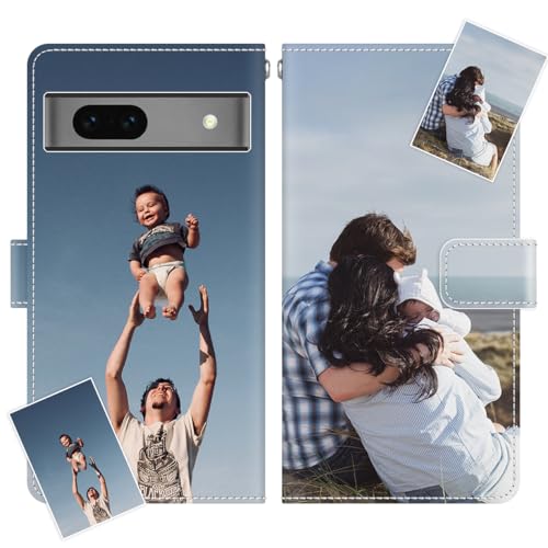 JGOYGYI Personalisierte Leder Handyhülle kompatibel mit Google Pixel 7a,Individuelle Eigenem Foto Bild Text Bildern Foldable Flip Klapphüllen Case hülle+Handykette von JGOYGYI