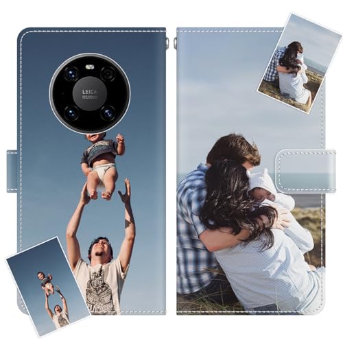 JGOYGYI Personalisierte Leder Handyhülle kompatibel mit Huawei Mate 40 PRO,Individuelle Eigenem Foto Bild Text Bildern Foldable Flip Klapphüllen Case hülle+Handykette von JGOYGYI