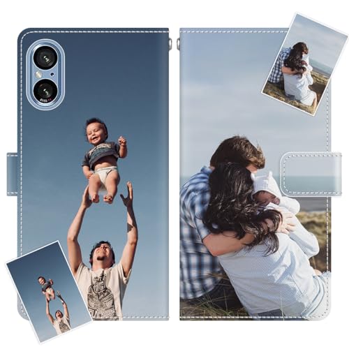 JGOYGYI Personalisierte Leder Handyhülle kompatibel mit Sony Xperia 5V 2023,Individuelle Eigenem Foto Bild Text Bildern Foldable Flip Klapphüllen Case hülle+Handykette von JGOYGYI