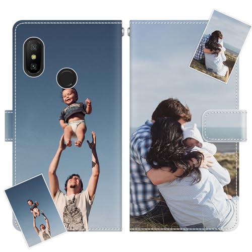 JGOYGYI Personalisierte Leder Handyhülle kompatibel mit Xiaomi Mi A2 Lite,Individuelle Eigenem Foto Bild Text Bildern Foldable Flip Klapphüllen Case hülle+Handykette von JGOYGYI