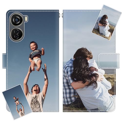 JGOYGYI Personalisierte Leder Handyhülle kompatibel mit ZTE Axon 40 Lite,Individuelle Eigenem Foto Bild Text Bildern Foldable Flip Klapphüllen Case hülle+Handykette von JGOYGYI