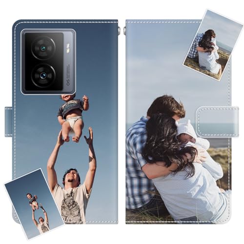 JGOYGYI Personalisierte Leder Handyhülle kompatibel mit vivo iQOO Z7/Z7x,Individuelle Eigenem Foto Bild Text Bildern Foldable Flip Klapphüllen Case hülle+Handykette von JGOYGYI