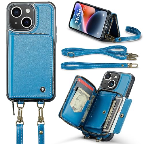 Handymode Compatible with iPhone 14 Plus Wallet Case mit 【RFID-Blockierung】 Kartenhalter, magnetisches abnehmbares Lederetui, Wallet Case mit Ständer, stoßfeste Schutzhülle mit Handschlaufe Handyhülle von JHDFUB